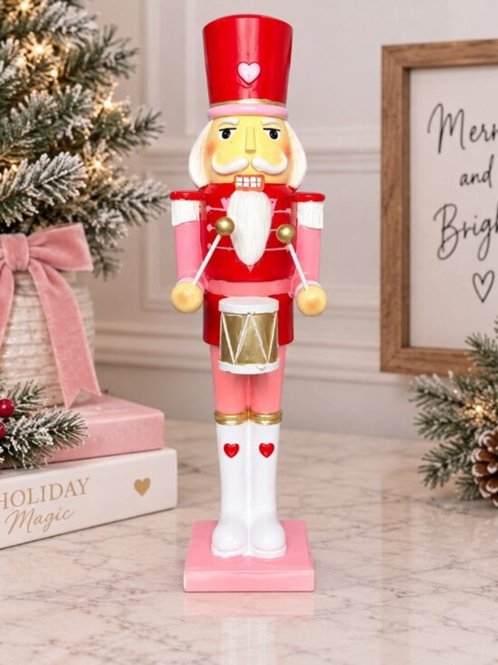 Pink Red Heart Nutcracker Soldier Christmas Figurine Coquette Decor NWT